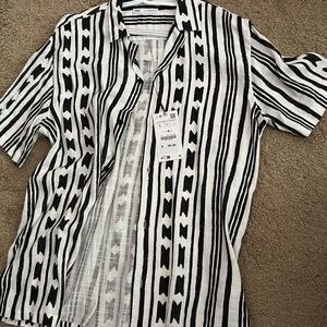 ZARA Man Button Down Short Sleeves Shirt Geometric Print Linen Blend Size